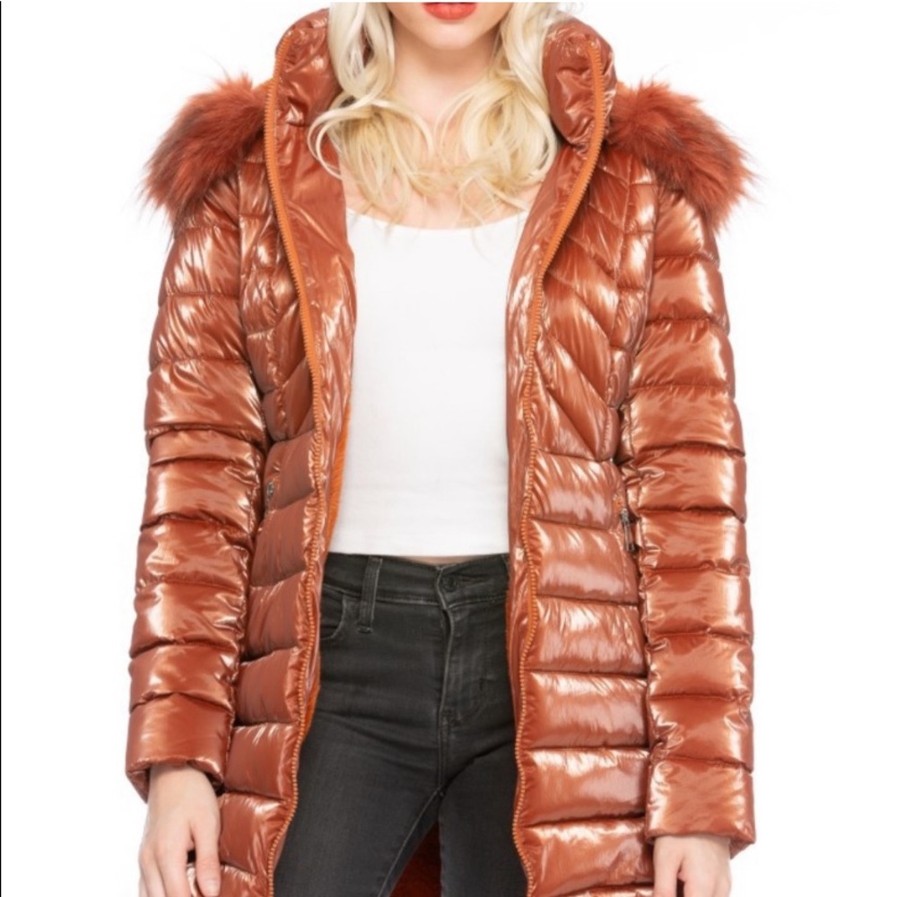 LAST 🔥3XHP🔥Luxurious Shiny Copper Faux Fur Puffer Hooded Coat